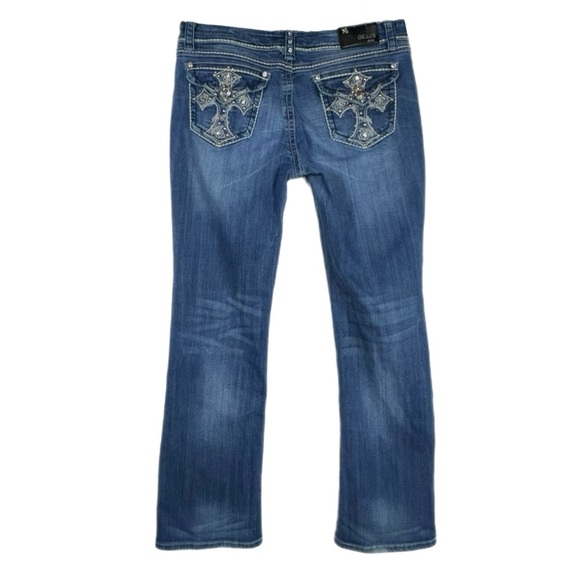 Grace in LA Rhinestone Cross Flap Pocket Low Rise Bootcut Jeans - Long - Picture 1 of 8